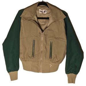 Vintage Color Blocked Tan & Forest Green Bomber Jacket with Knitted Waist Band